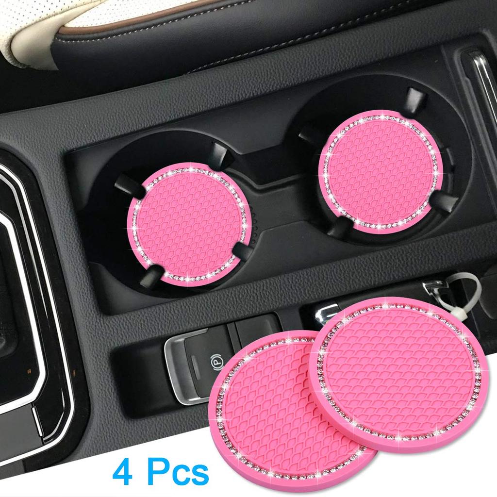 Wisdompro Car Non-Slip Coaster Bling Car Drink Holder Cup Mat Vinyl Anti-Slip Vibration Proof Round 70mm Diameter 4pcs Pink