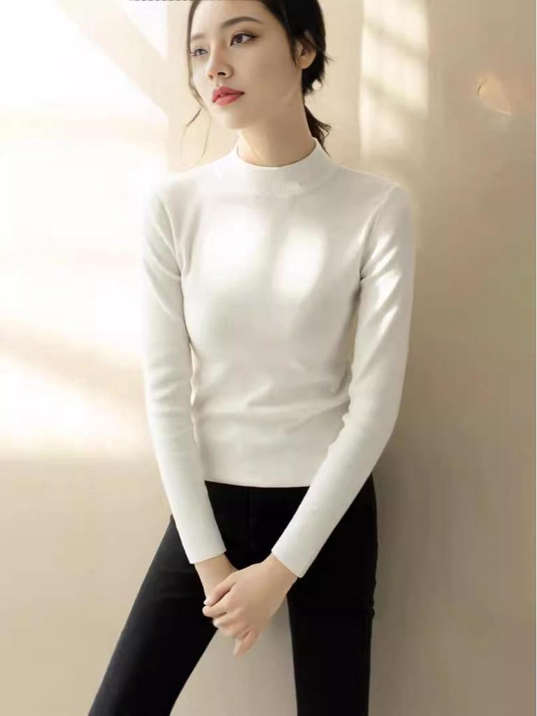 Women's Slimming Half High Neck Sweater: Stylish, Versatile Long Sleeve Knit Top for Autumn and Winter.