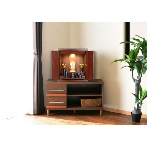 Oda Kobo Mini Buddhist Altar, Furniture Style, High-Quality Solid Paulownia Wood, Lightweight, with LED Lighting (Walnut Color, Size 14)