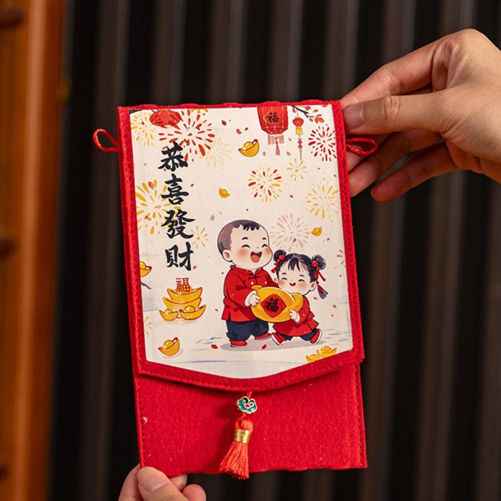 Traditional Spring Festival Cloth Red Envelopes Rectangular Chinese Style New Year's Blessing Bag Reusable with Hanging Rope