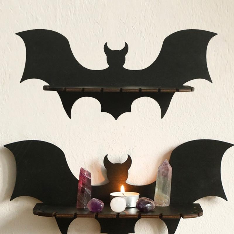 Creative Bat Shape Wood Floating Shelf Jewelry Crystal Display Wall Shelves for Halloween Bedroom Living Room Decoration