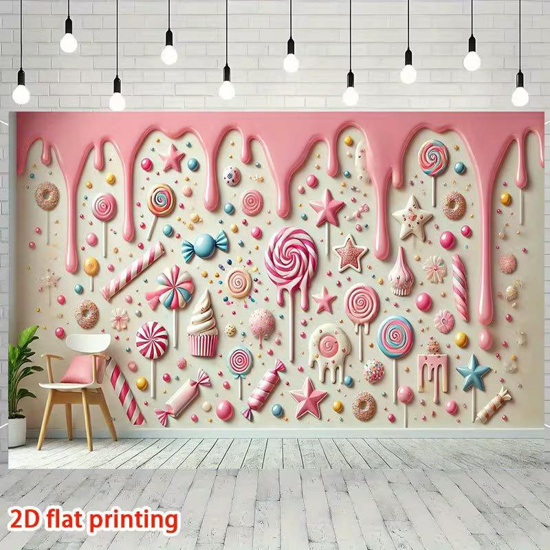 2D Whimsical Candy Backdrop Pink Cream Drip with Colorful Candies Themed Party Background