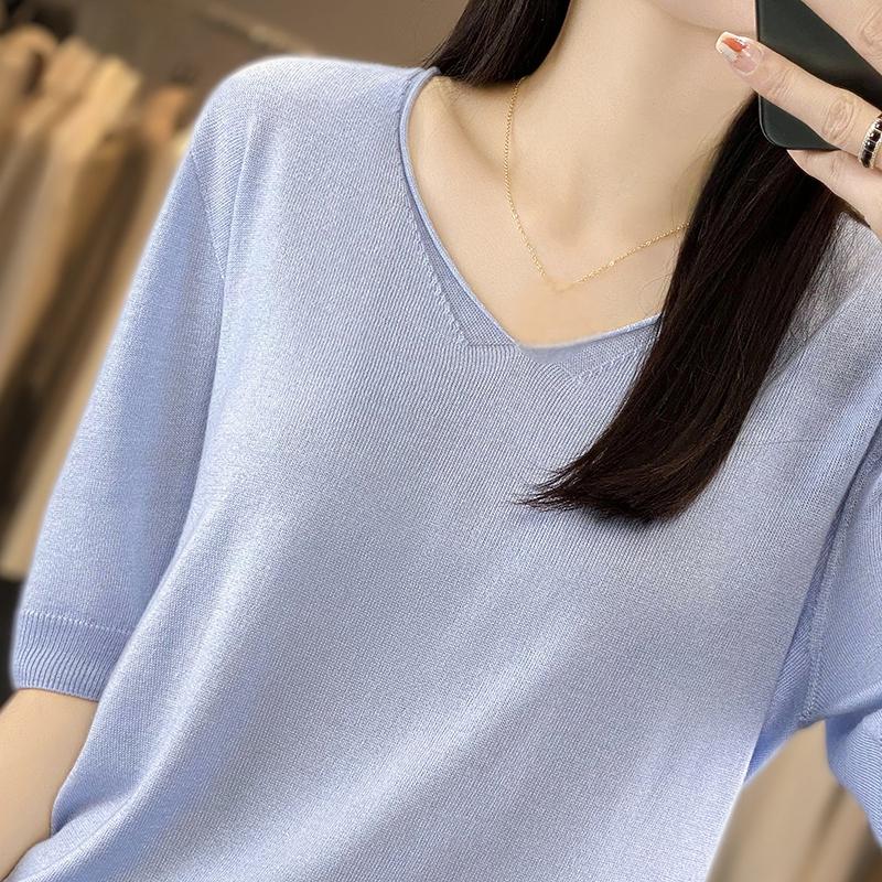 Camiseta de manga corta de verano para mujer, mezcla de 50 % seda morera y poliéster | Top informal ligero, transpirable y ajustado