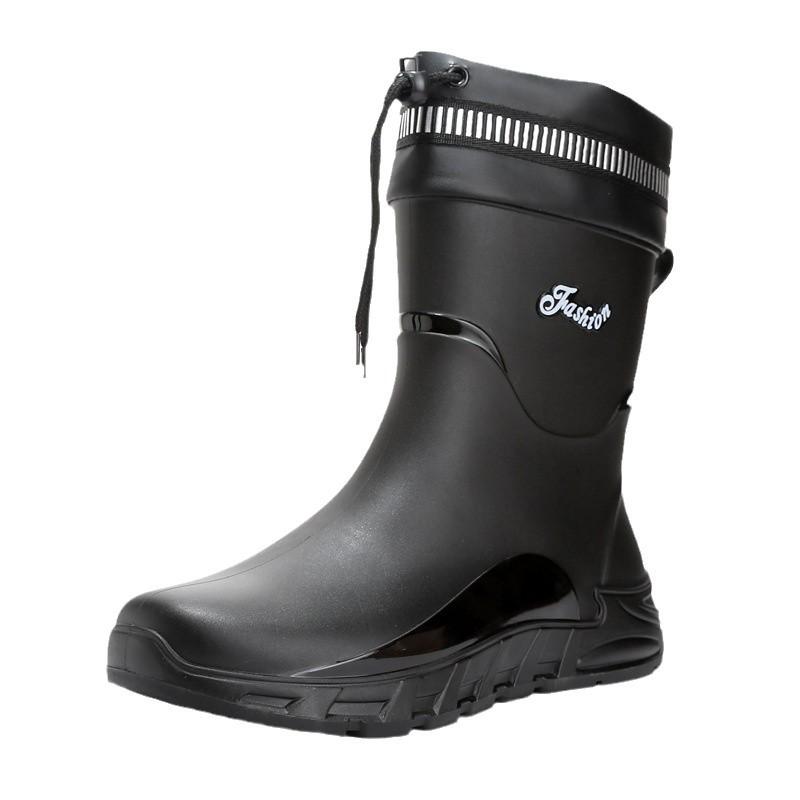 New Rain Shoes Men's Non-slip Men's Medium Tube Velvet Rubber Shoes Kitchen Wear-resistant Fishing Waterproof Rain Boots Fashion Water Shoes