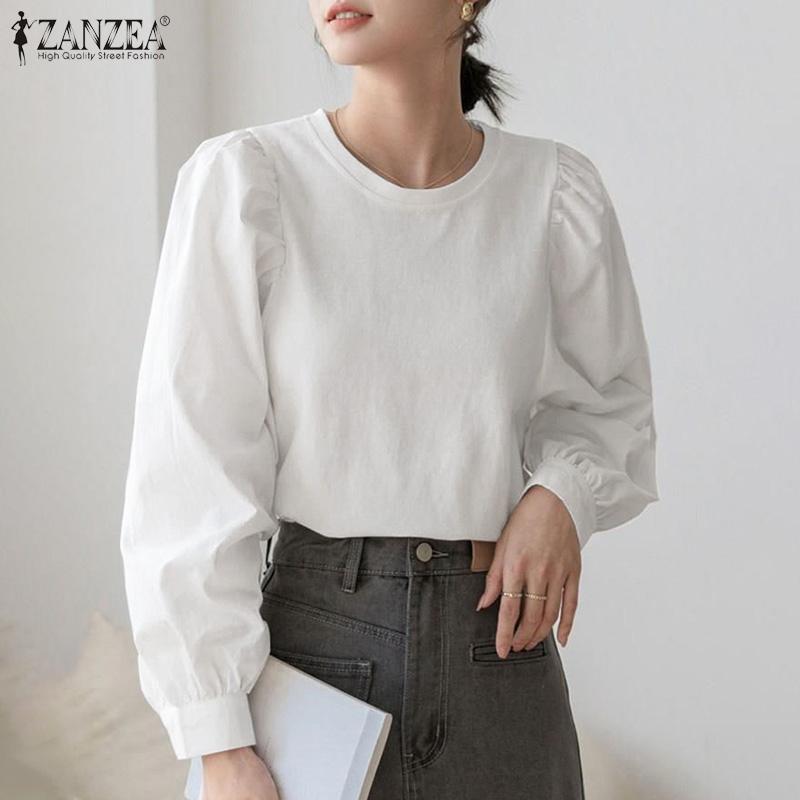 

ZANZEA Женская повседневная однотонная свободная блузка с длинными рукавами и пуговицами с круглым вырезом и круглым вырезом