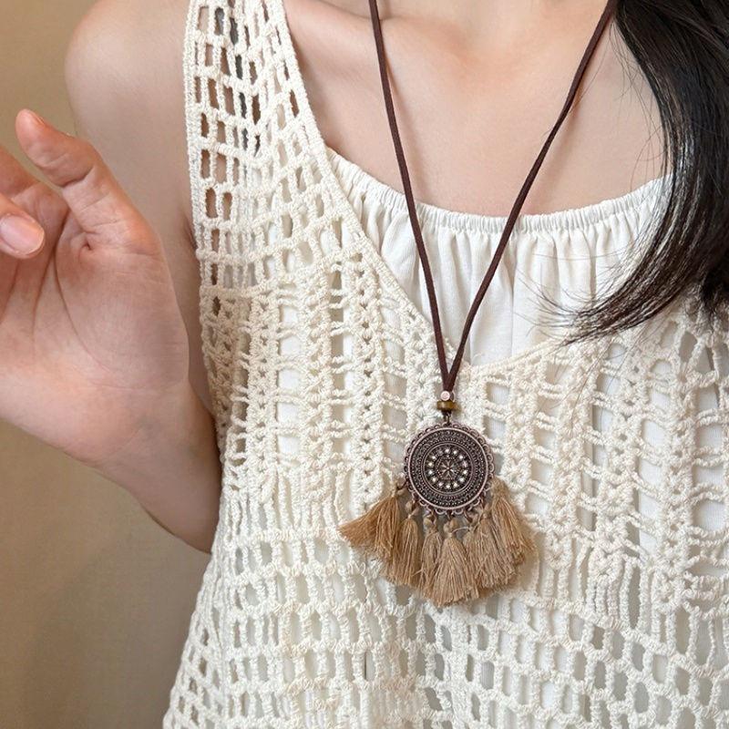Bohemian Coffee Vintage Tassel Necklace, Ethnic Butterfly Pendant, 2025 Sweater Chain.