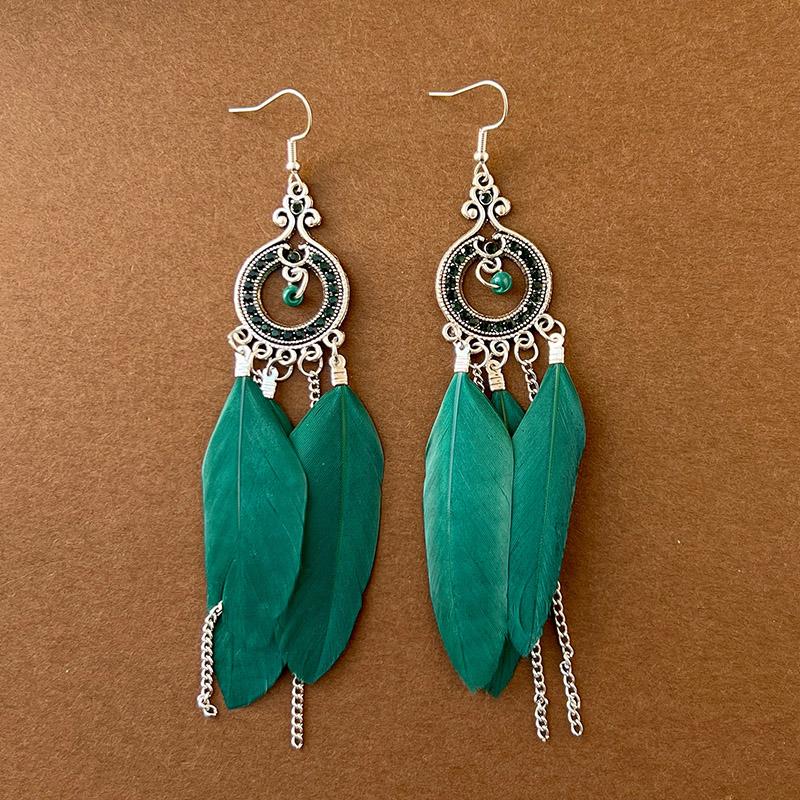 Green Natural Water Drop Feather Earrings for Women Vintage Boho Long Rhinestone Crystal Dangle Earring Vacation Jewelry