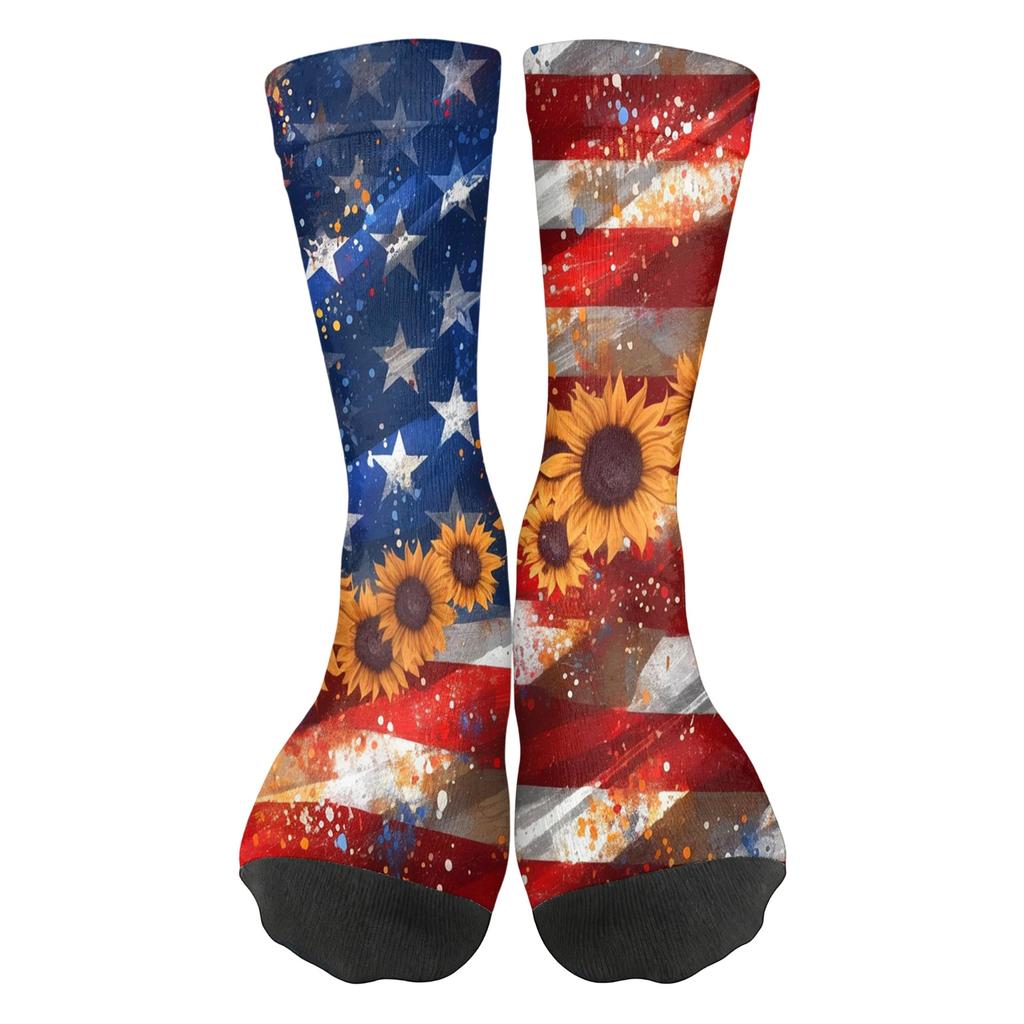 Women Breathable Comfortable Crew Socks Mid Calf Socks with Independence Day Themed Print Soft Stretchy Material for Daily Wear