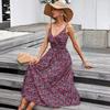 Summer Women's Floral Print V-neck Spaghetti Strap Waist-cinched Dress, European Style Casual Sundress For Women