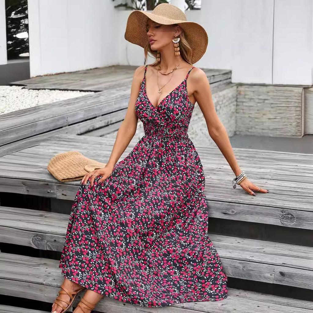 Summer Women's Floral Print V-neck Spaghetti Strap Waist-cinched Dress, European Style Casual Sundress For Women