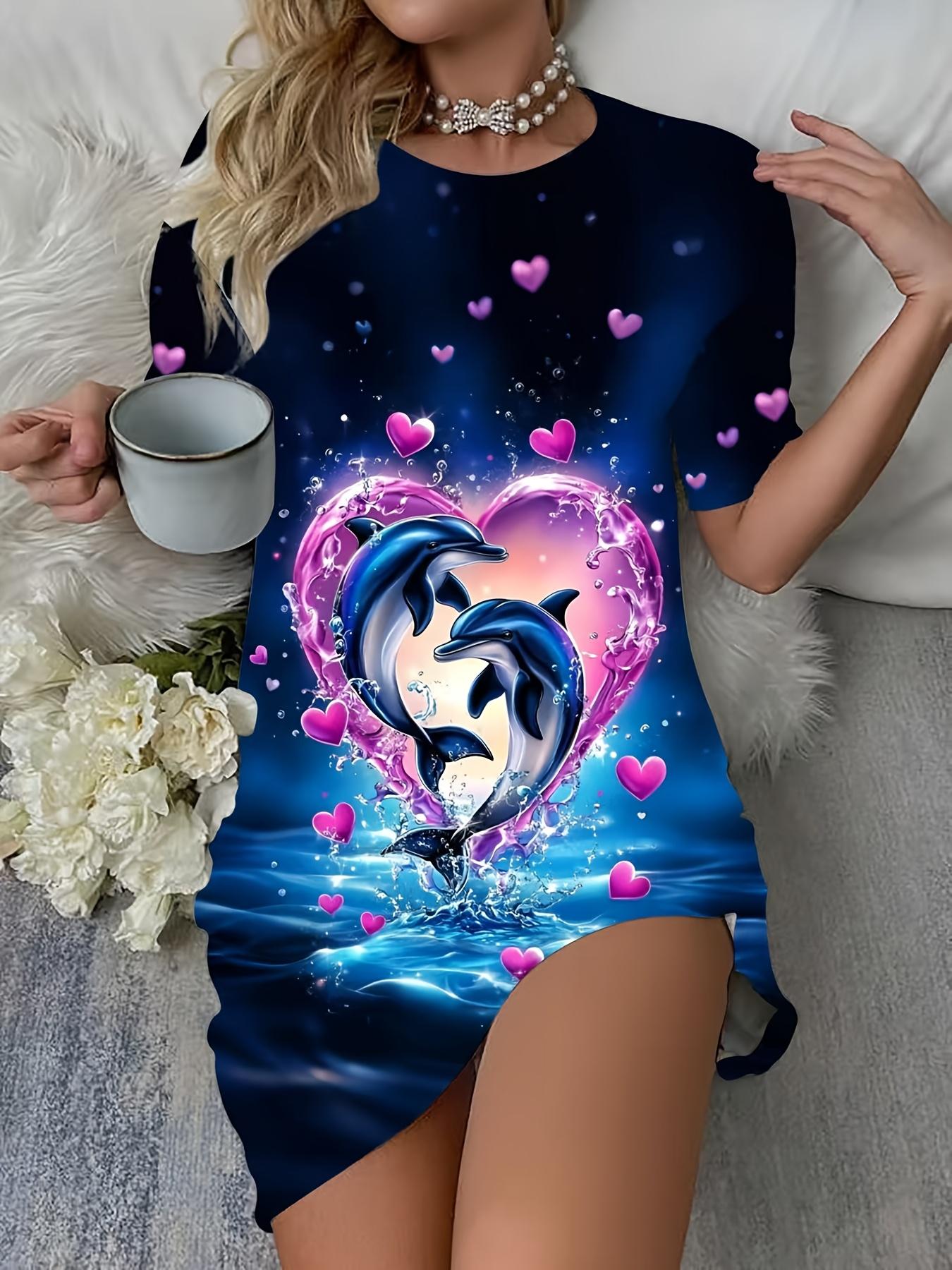 

Women s Dolphin ; Dolphin Heart Print Dress - Short Sleeve Round Neck Sleep Dress. Short Dress Suitable for All-Season Wear. Machine Washable Polyeste S дубильная кора