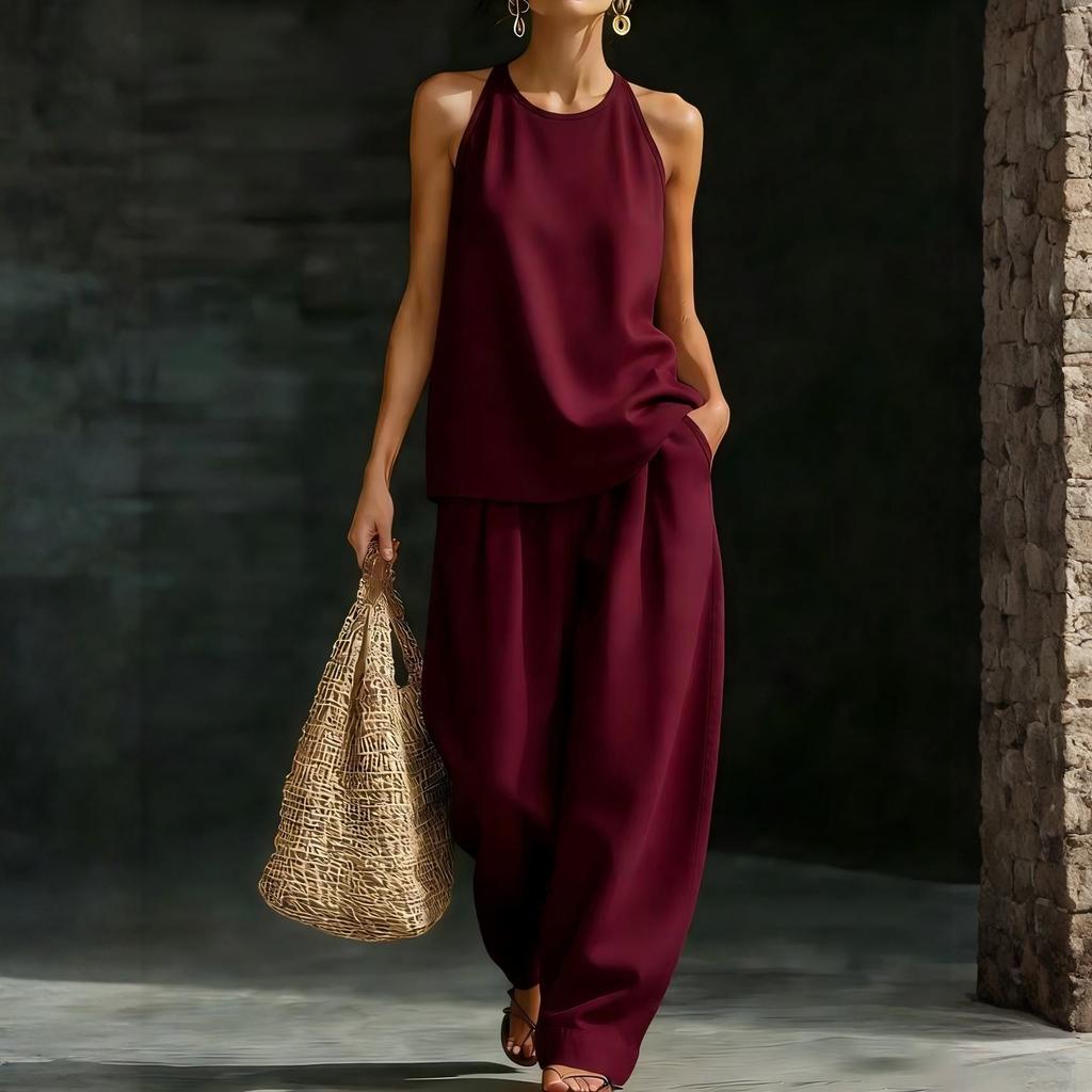 Women's Round Neck Sleeveless Top And Trousers Fashion Casual Suit