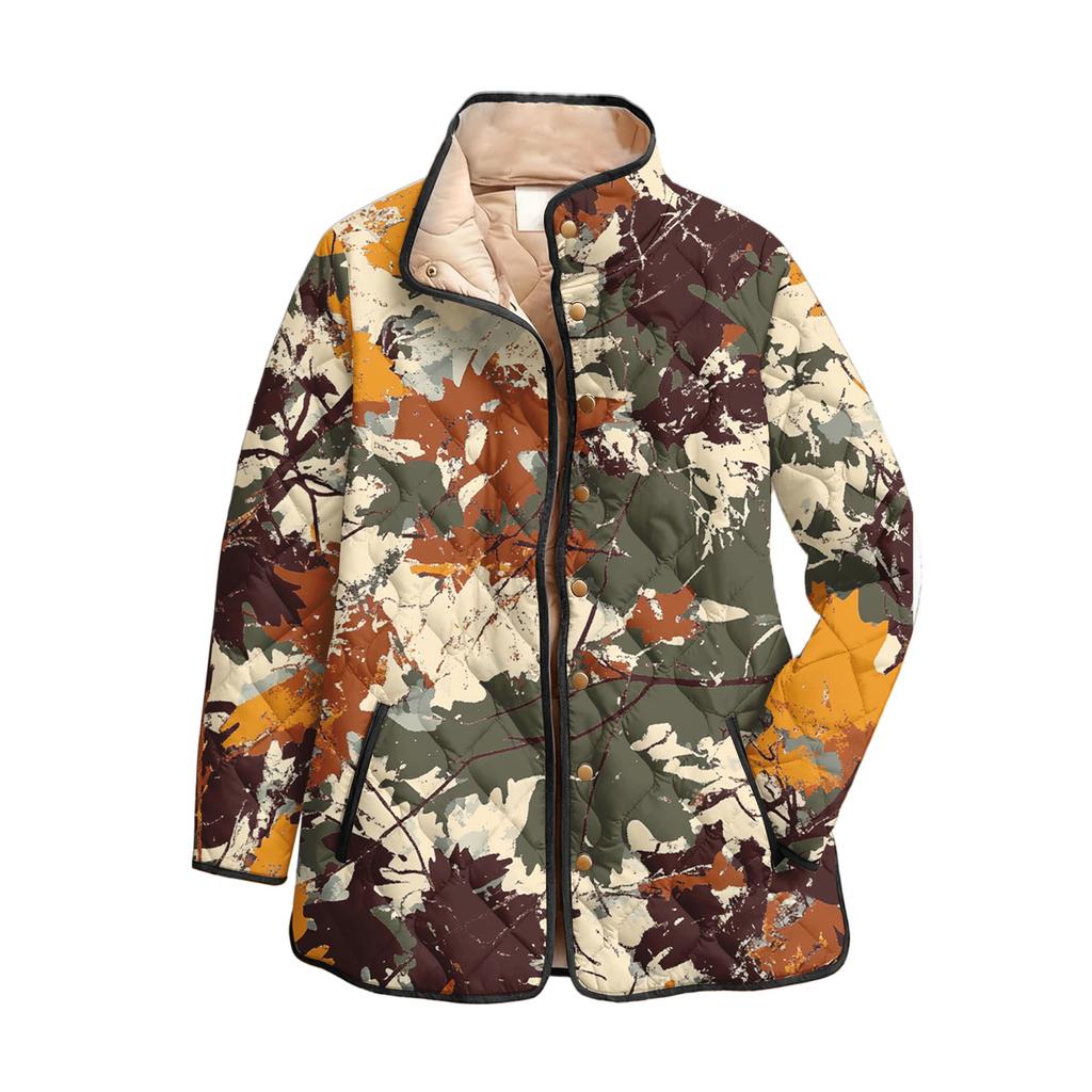 Women's Floral Print Stand Up Collar Pleated Cotton Long Sleeved Button Cotton Jacket
