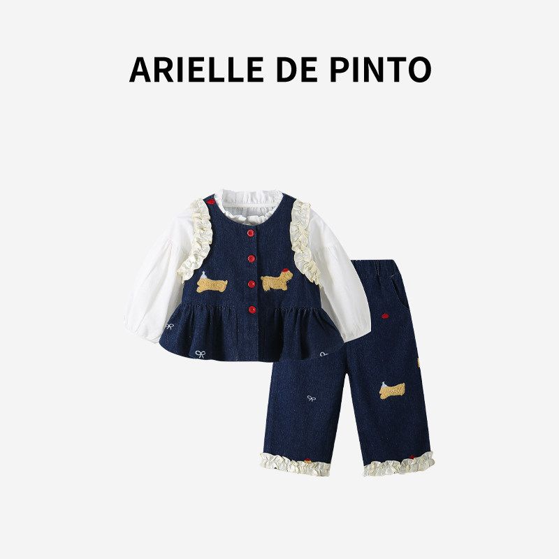 Французский Девочкий Костюм Arielle De Pinto Весна Милый Кружево Вышивка Щенка Джинсовый Трехпредметный Комплект Blue Three-Piece Suit 90
