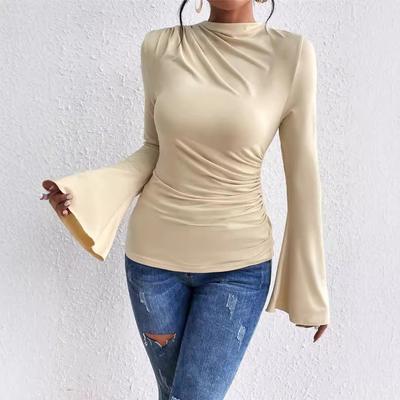 Women's Autumn and Winter Hundred Pleated Flared Sleeve Standing Collar Slim T-shirt