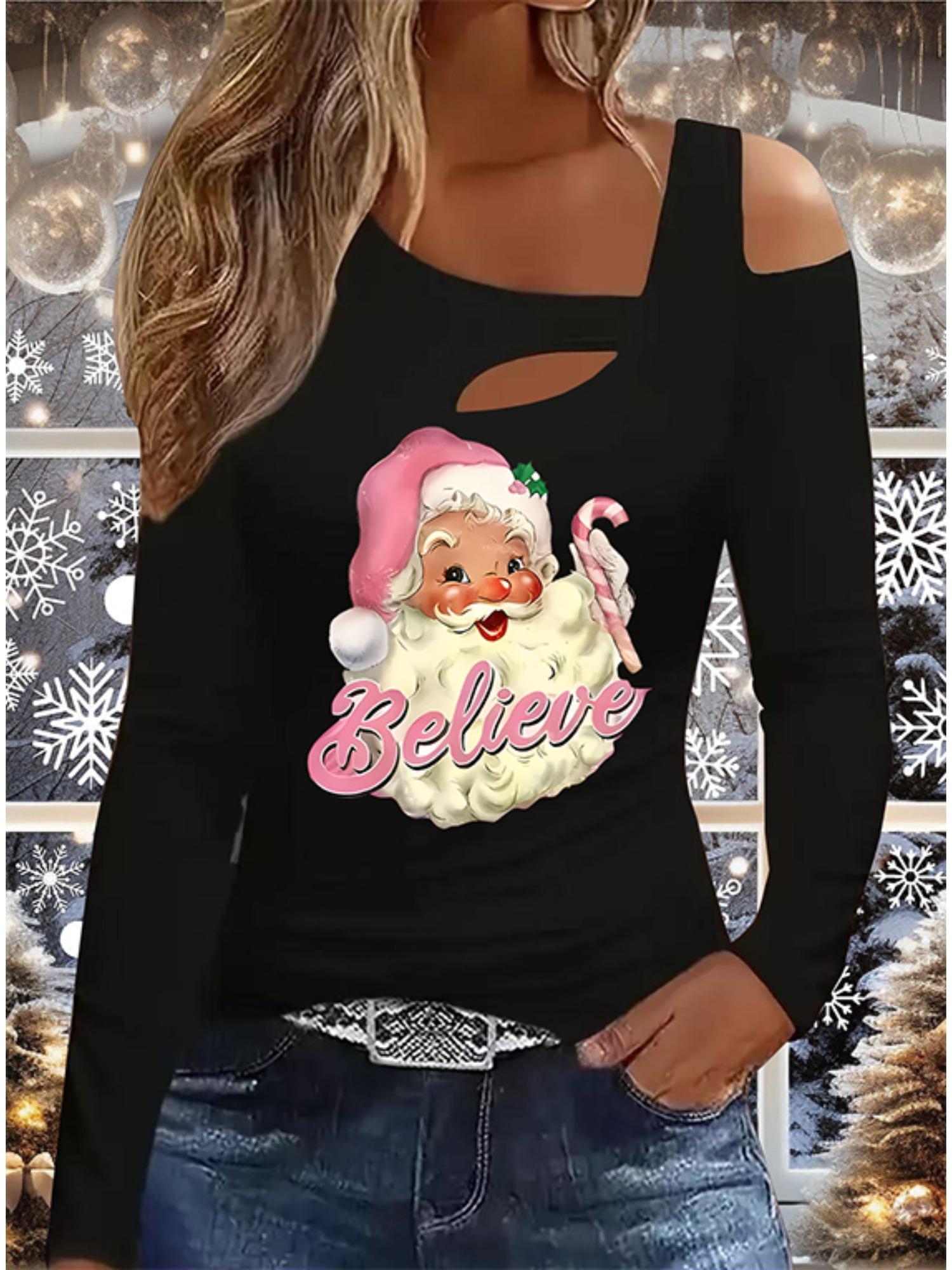 

Осень и Зима Женский Новый Повседневный Топ с Длинным Рукавом Рождественский Узор Идеальный Подарок на Хэллоуин Рождество Футболка S