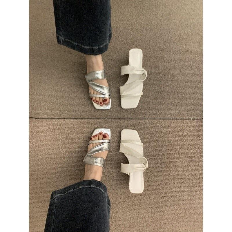 Wedge Sandals Niche Design Sense Word with High Heels Women's Summer New Silver Cool Slippers New Roman Shoes Women's Shoes