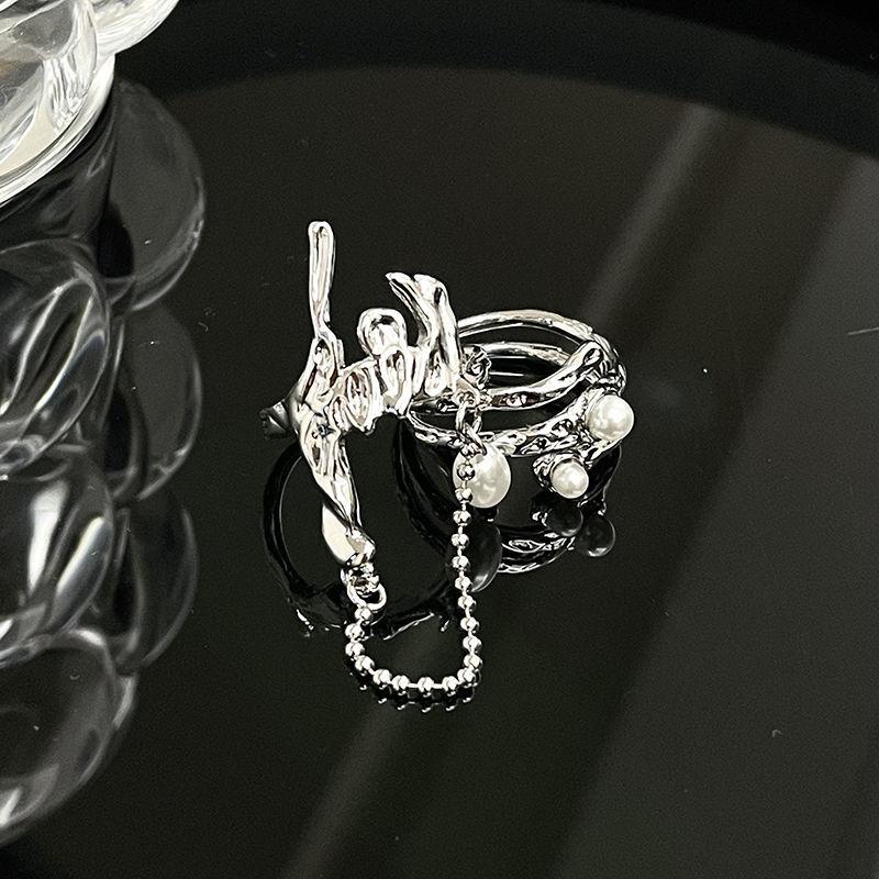 Niche Design Sense Chain Personality Pearl French Irregular High Sense Fashion Retro Open Ring Women