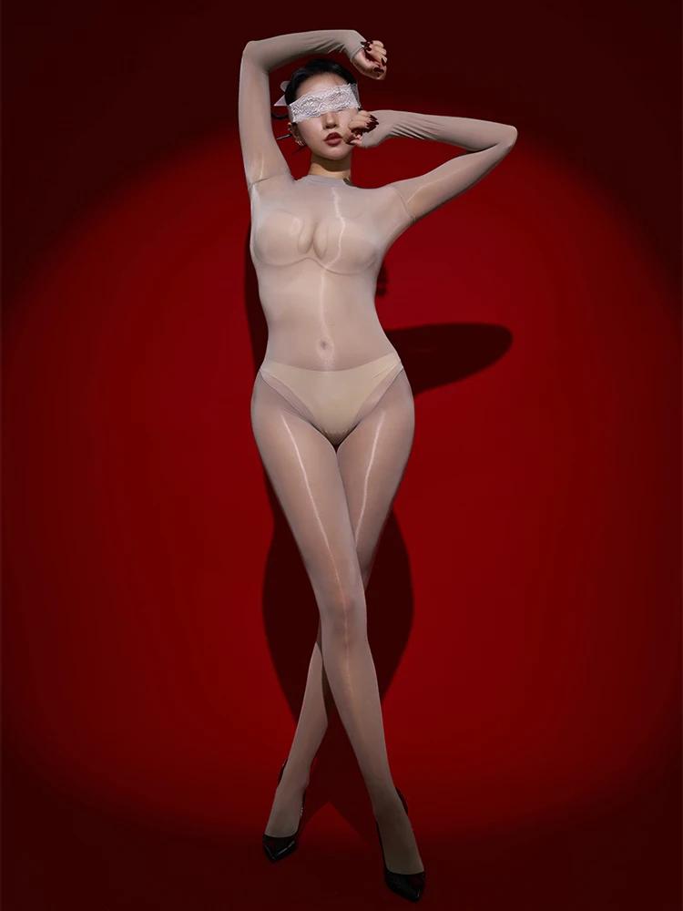 Sexy Maid Tights Glossy Elastic Bodysuit Sheer See Through Rompers One-Piece Jumpsuits Leotard Cosplay Sex Game Sm Toys Ootd