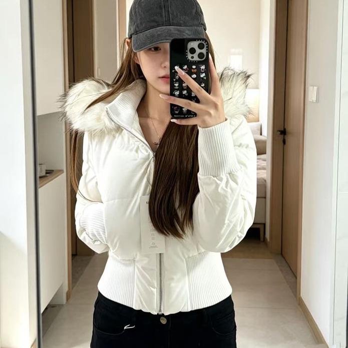 Americký Krátký Zimní Péřový Bavlněný Bunda Dámský Kabát Teplý Kožešinový Límec S Kapucí Durin Růžový Zip