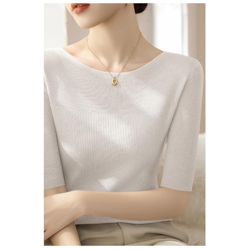 

light grey boat neck half sleeve ribbed knit top for women S білий