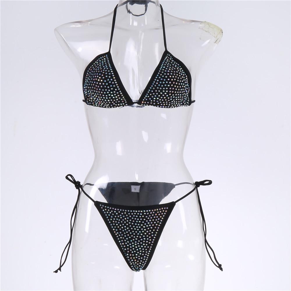 European & American Sexy Rhinestone Bandage Halter Bikini - Solid Color