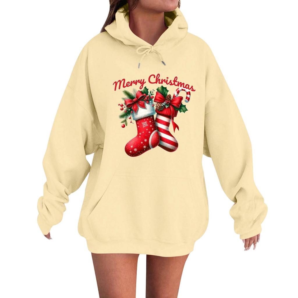 Women's Fashion Casual Long Sleeve Loose Christmas Print Hooded Sweatshirt