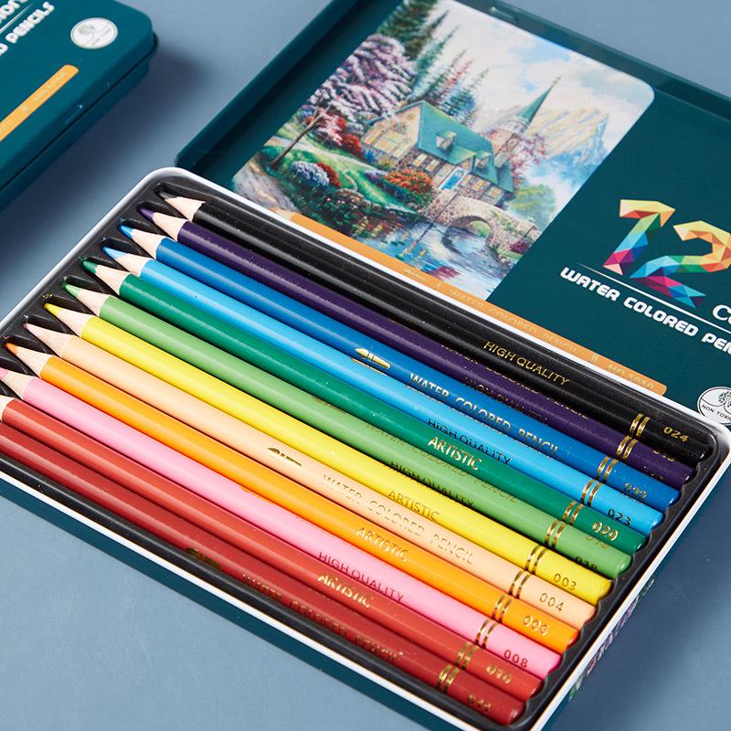 Water-Soluble Colored Pencils Gift Set - 12 Colors In Tin Box for Student Art & Drawing