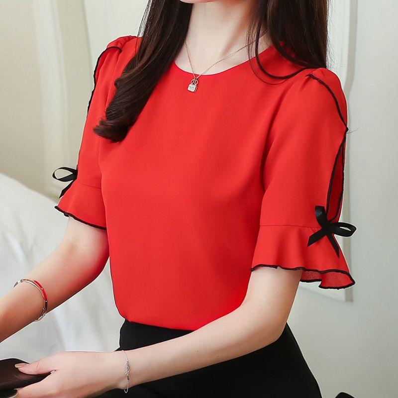 Short Sleeve Summer Tops Fashion Women Blouse Shirt Bow Sweet Top Women's Clothing Pink Apricot O-neck Chiffon Blouses