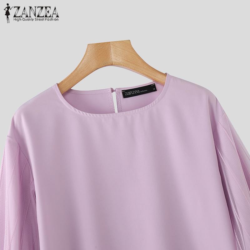 ZANZEA Dámské jarní síťované skládané halenky s kulatým výstřihem a 3/4 rukávem