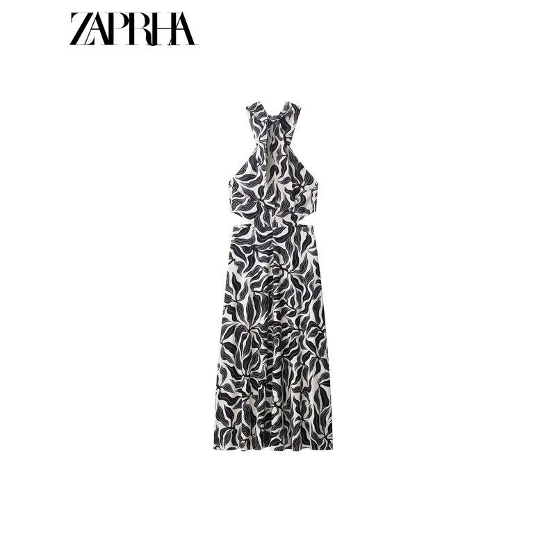 Zaprha 2025 New Arrival Unique and Beautiful Linen Blended Hanging Collar Midi Skirt Dress Fancy 3625664