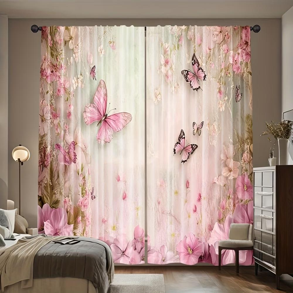 2PCS Digital Printed Curtains, Pink Green Butterfly Fresh Nature Insect, Window Curtains for Living Room Bedroom Home Decoration