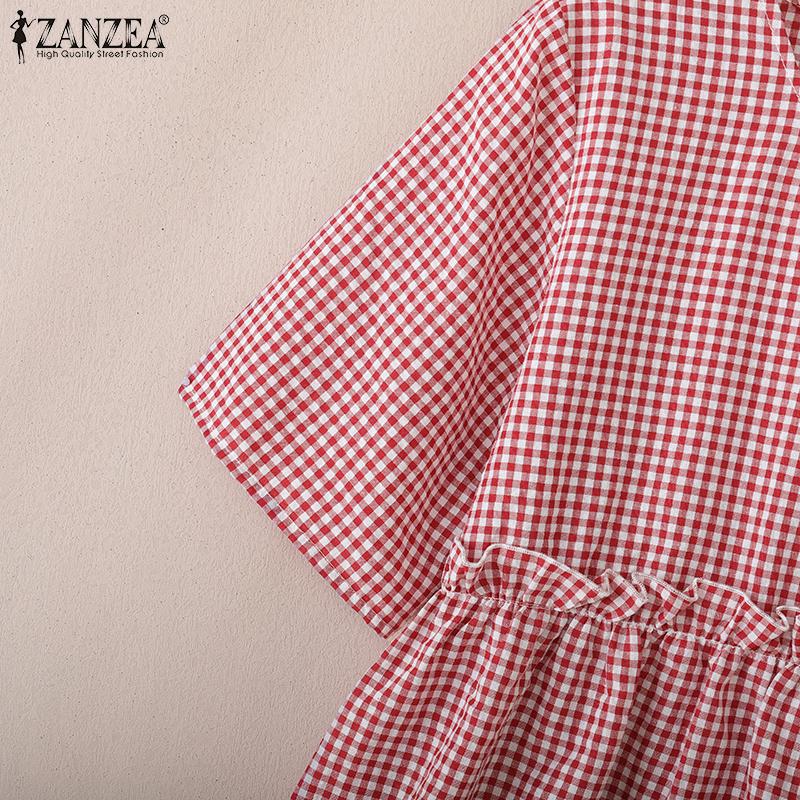 ZANZEA Women Casual Round Neck Summer Short Sleeve Plaid Print Blouse