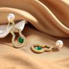 High-End Chinese Style Green Jade Gourd Large Stud Earrings with Pearls