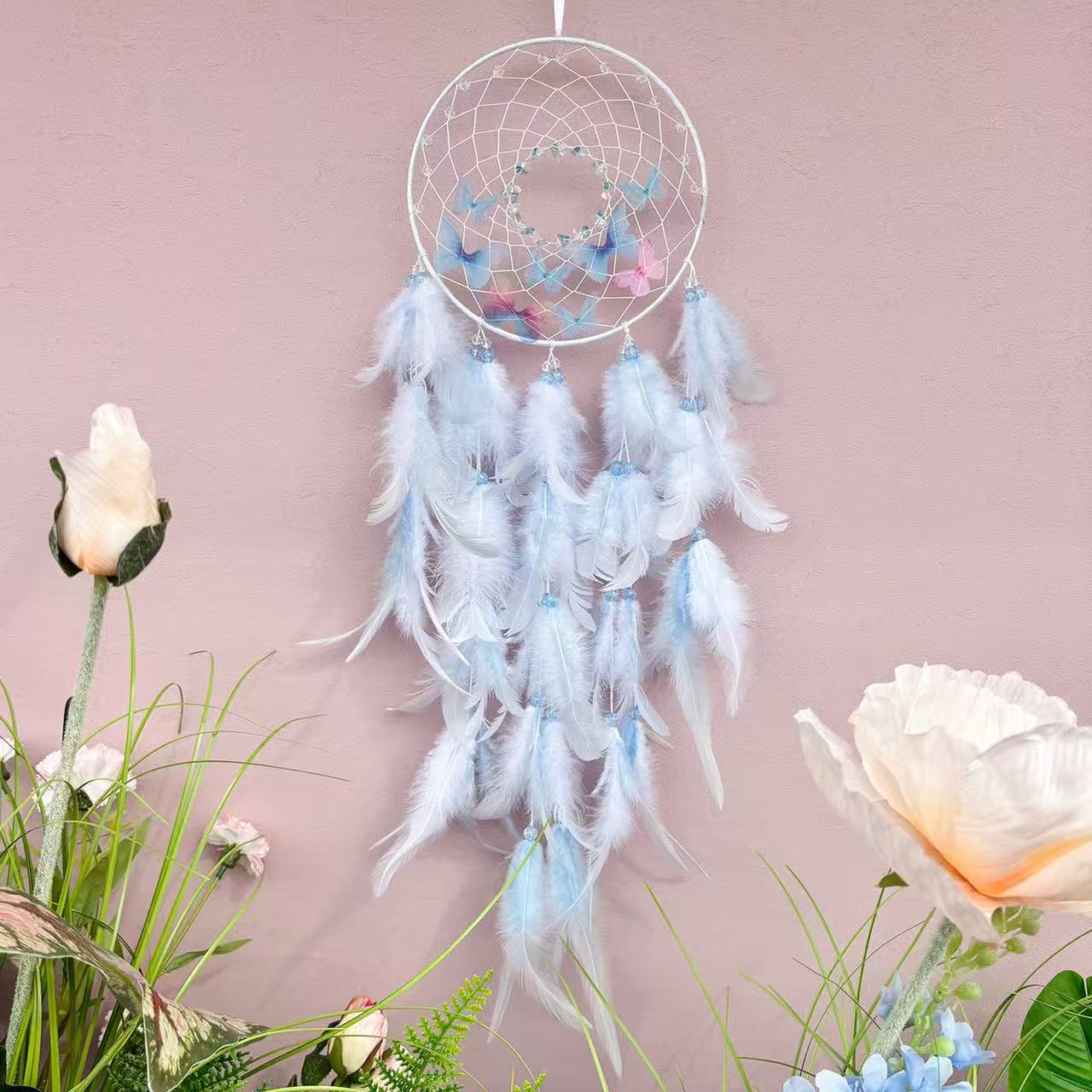 

Dream Catcher Elegant Hand-woven Pink Feathers Wind Chimes Wall Pendant Bedroom Hanging Ornaments Birthday Gifts Home Decoration синій