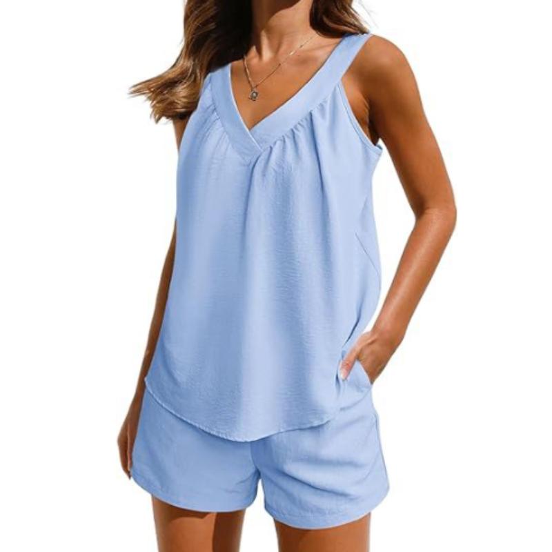 Women's Solid Color Loose V-Neck Pullover Sleeveless Casual Top With Pockets Shorts Set