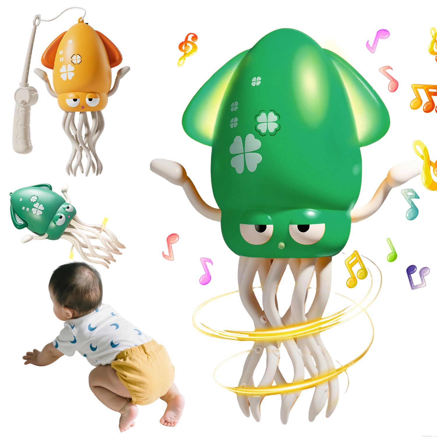 

JUYEE Развивающая игрушка для малышей для мальчиков и возрастов и на день рождения Рождество Движущаяся игрушка-кальмар со светодиодной подсветкой Препятствие USB Перезаряжаемая игрушка, 0-1 год, Дети, зелёный