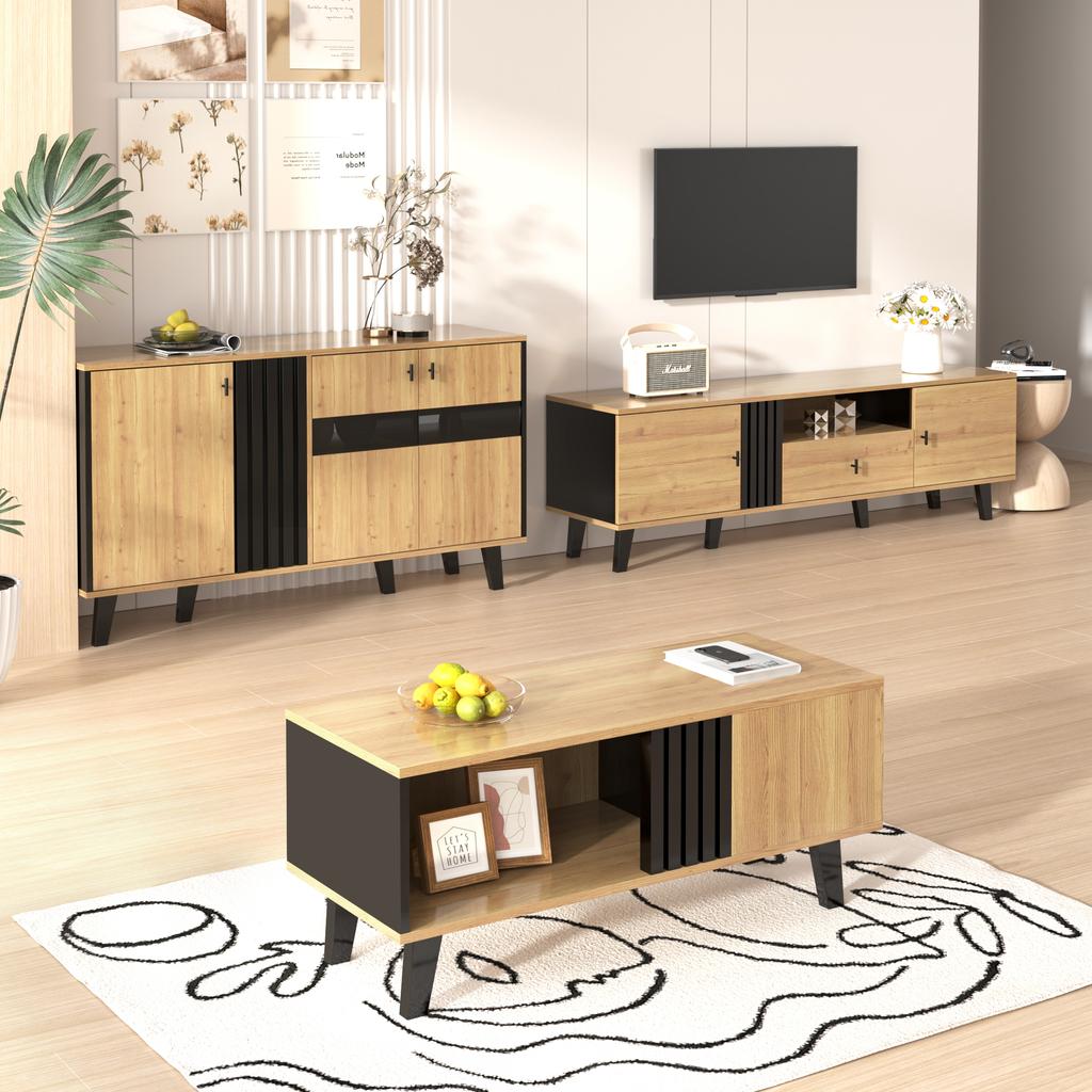 Side Cabinets, Sideboard, Display Cabinets with Glass and LED Lighting. Black and Wood Colors, Black Wood Strip Design [OLD SKU:WF313229230SAA]