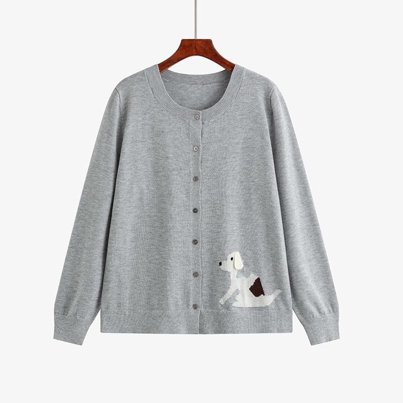 Plus Size Women's Round Neck Jacquard Cardigan - 2026 Spring Style Puppy Design