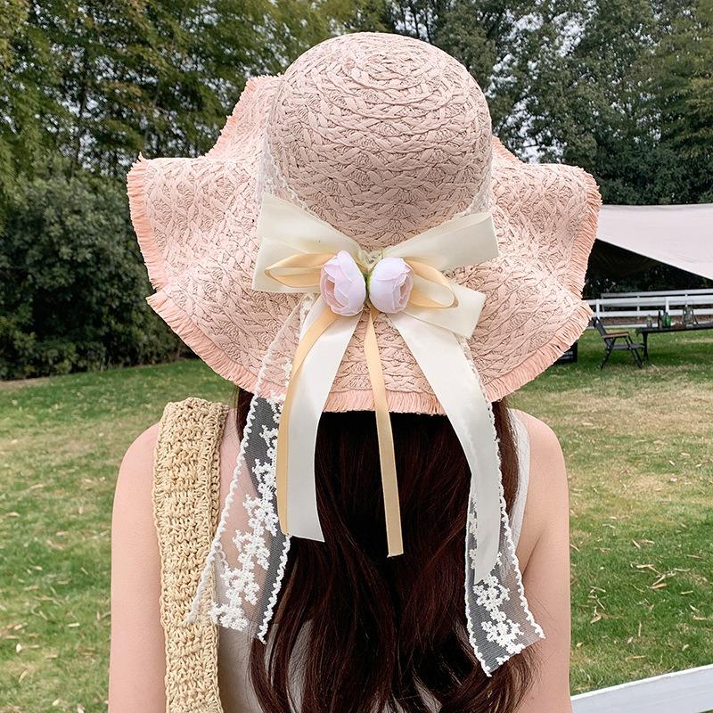 Summer Bow Sun Hat Female, Seaside Beach Vacation Sun Hat Outdoor Big Brim Sun Hat Sweet Straw Hat