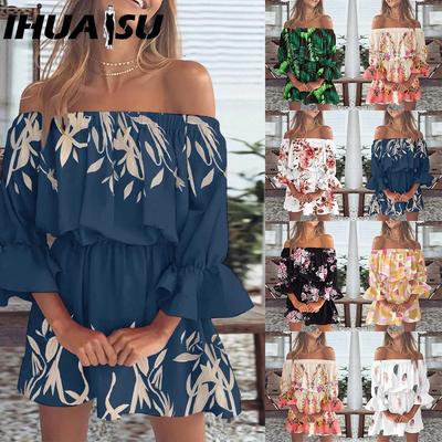 Women Floral Print Mini Dress Summer Sexy Off Shoulder Flare Sleeve Tunic Dress Female Casual Boho Beach Dress