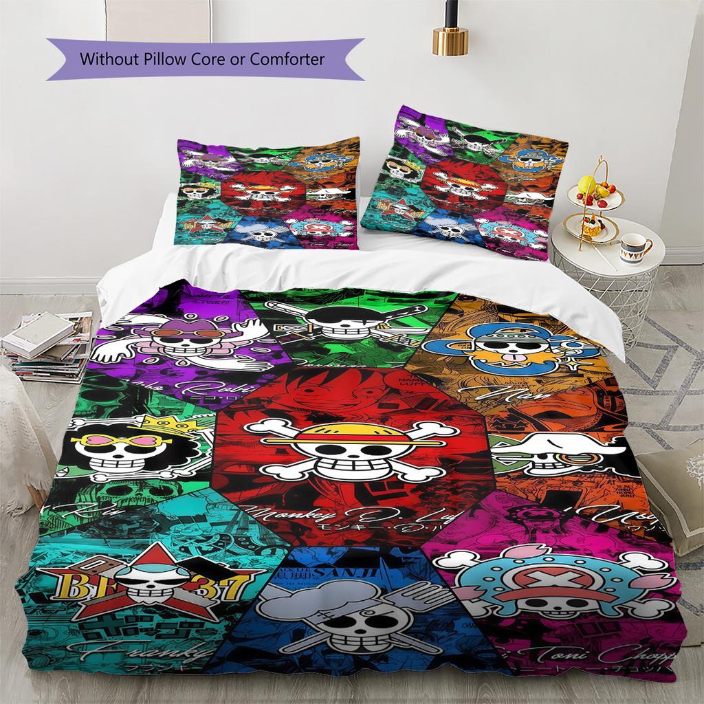 One Piece Straw Hat Pirates Pattern Bedding Quilt Set Quilt Cover Pillowcase Home Birthday Gift(1 * duvet cover + 2 * pillowcase, without core)