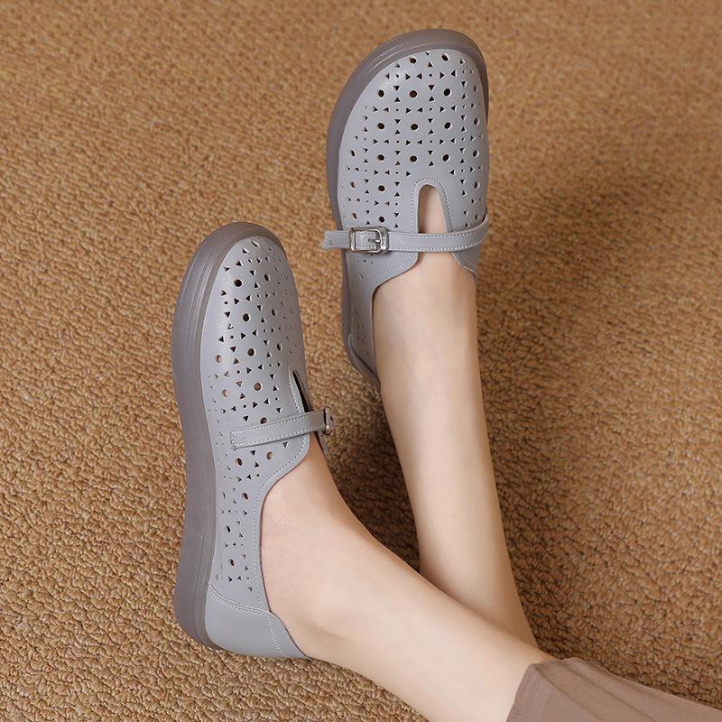 Fashion GKTINOO 2025 Genuine Leather Shoes Hollow Out Women Ballet Flats Summer Women's Solid Soft bottom Shoes Woman Slip On Loafers