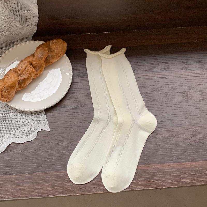 Women s Pure Cotton Lace Mid-Calf Socks, Summer/Autumn, Thin & Boneless, Slouchy JK Style One Size