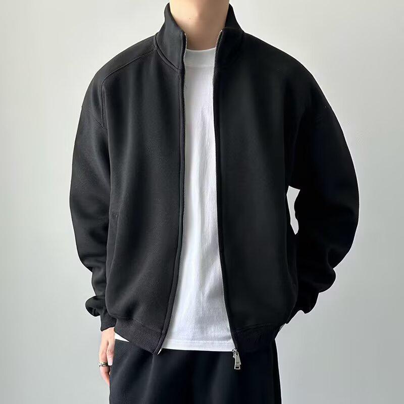 2025 Autumn Men s Gray Heavyweight Solid Color Stand Collar Hoodie Jacket XL