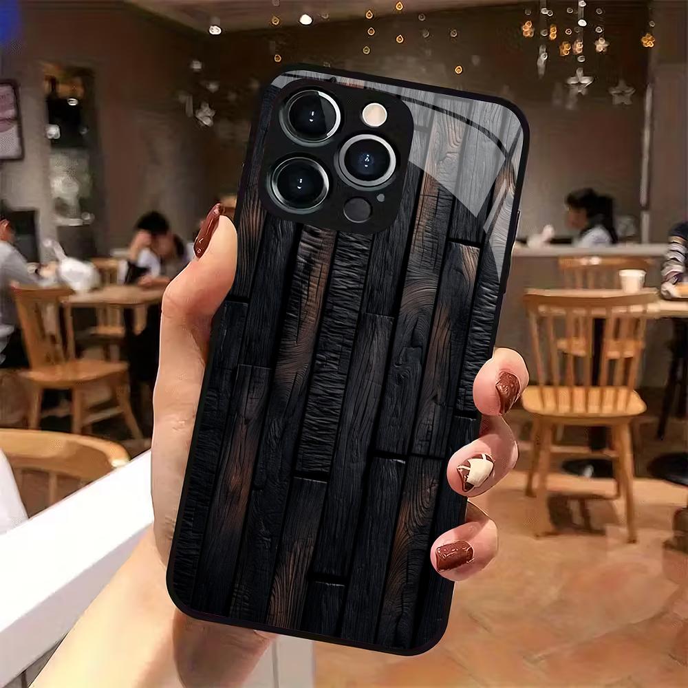 Black Charcoal Wood Grain Pattern Tempered Glass Phone Case Suitable for iPhone 17 16 15 14 13 12 11 Pro/Max/Plus Anti Drop