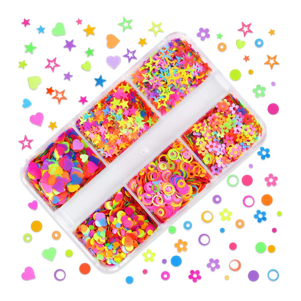 6 Grids Mixed Fluorescent Nail Sequins, Colourful Flower Star Shape Sparkling Flake Decoration Accessories, for Summer Nail Parts
