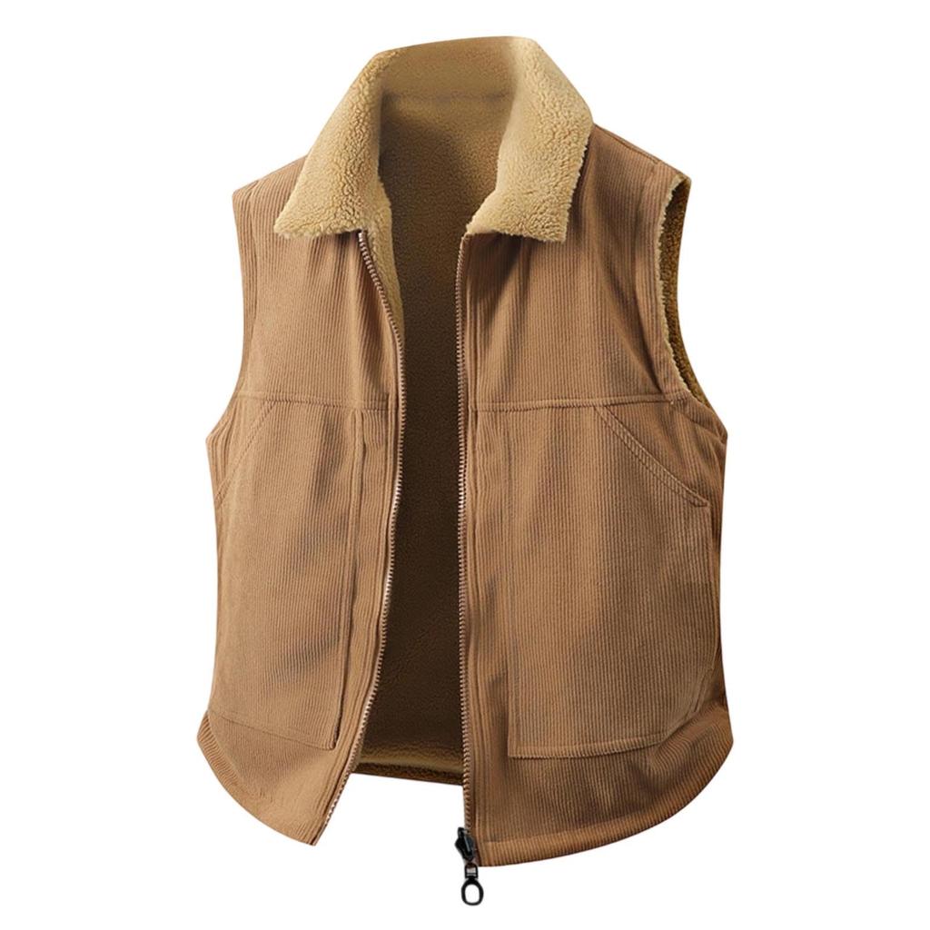 Men's Casual Fleece Lambskin Vest, Double-sided Zipper Vest, Lapel Jacket
