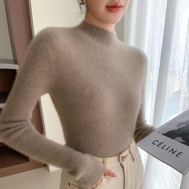 Women's Angora Red Slim-Fit Cashmere Sweater: New Autumn/Winter Style, Thickened Half-High Collar.