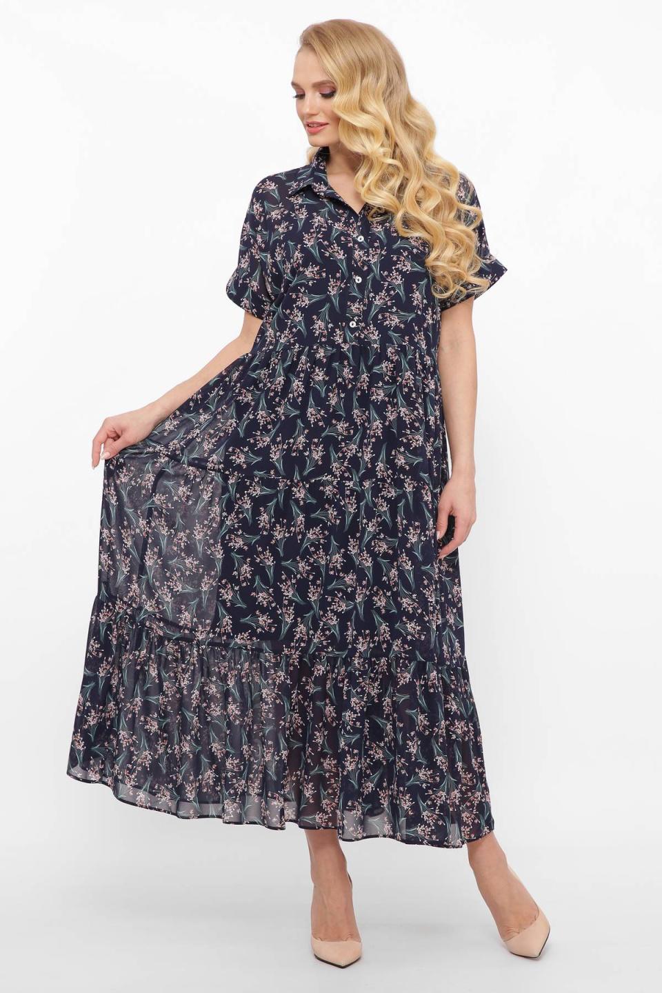 

Шифонова сукня з комірцем (букети) Tatiana ДЖУН 5XL темно-синього кольору